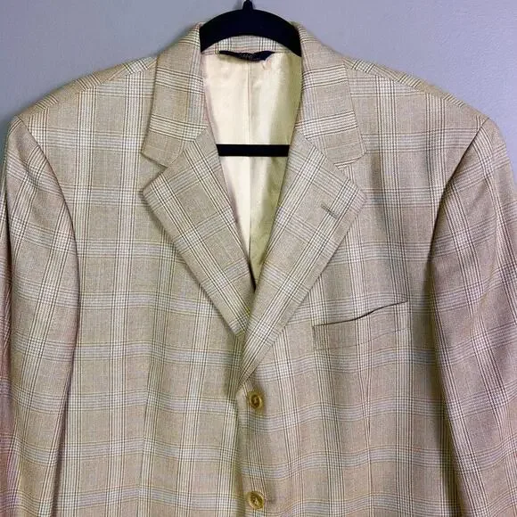 Brooks‎ Brothers sport coat 44 R plaid neutral wool silk tan (FLAW)